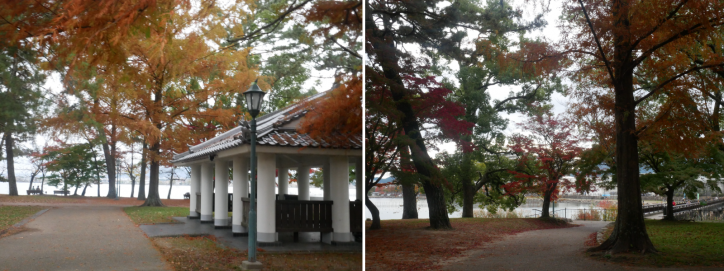 <font size='2' color='blue'>「膳所城跡公園」!休憩所がお城チックで、気分が盛り上がります。公園を抜け、公園を抜け、更に進んでいきます。</font>