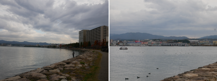 <font size='2' color='blue'>少しずつ対岸との幅が狭くなってきて、そろそろ「瀬田川」へ。
対岸には「琵琶湖漕艇場」=湖上スポーツの拠点が!</font>