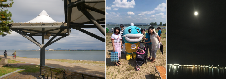 <font size='2' color=blue>Left:The bench I usually sit on. Best spot to chill!
Center:Family photo at Lake sport promotion event in 2018
Right:Beautiful surface of the lake at night with a full moon</font>