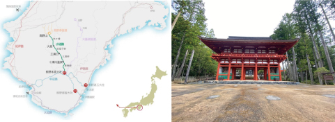 <font color='blue' size='2'>(左)高野山から熊野本宮大社までの道のり(緑の線)(右)雨が上り、静けさとお香の香りが漂う高野山</font>