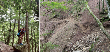 <font color='blue' size='2'>斜面から落ちてきたと思われる大きな岩!!と、埋もれてしまった山道階段</font>